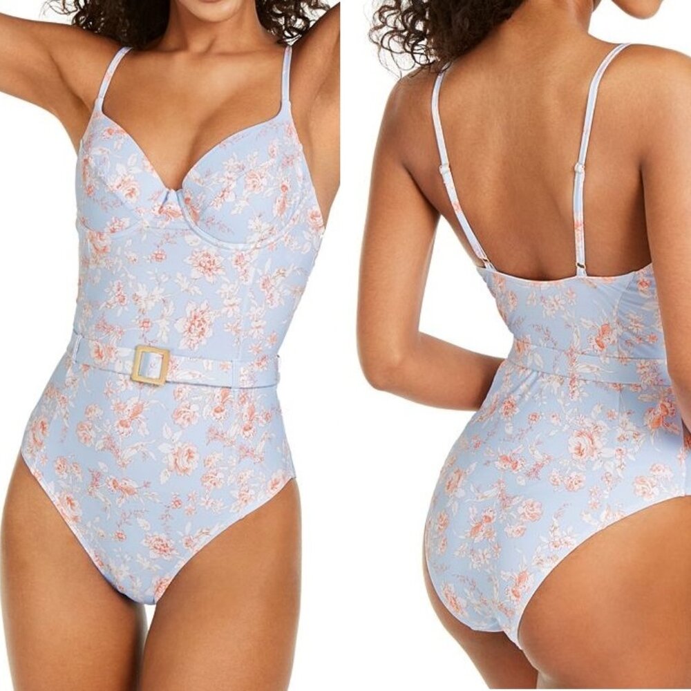 WeWoreWhat Powder Blue Floral One-Piece Swimsuit with Belt
